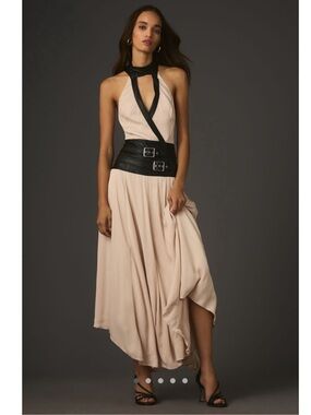 Sleeveless Blush Halter Midi Dress with Black Leather and belted Detail
